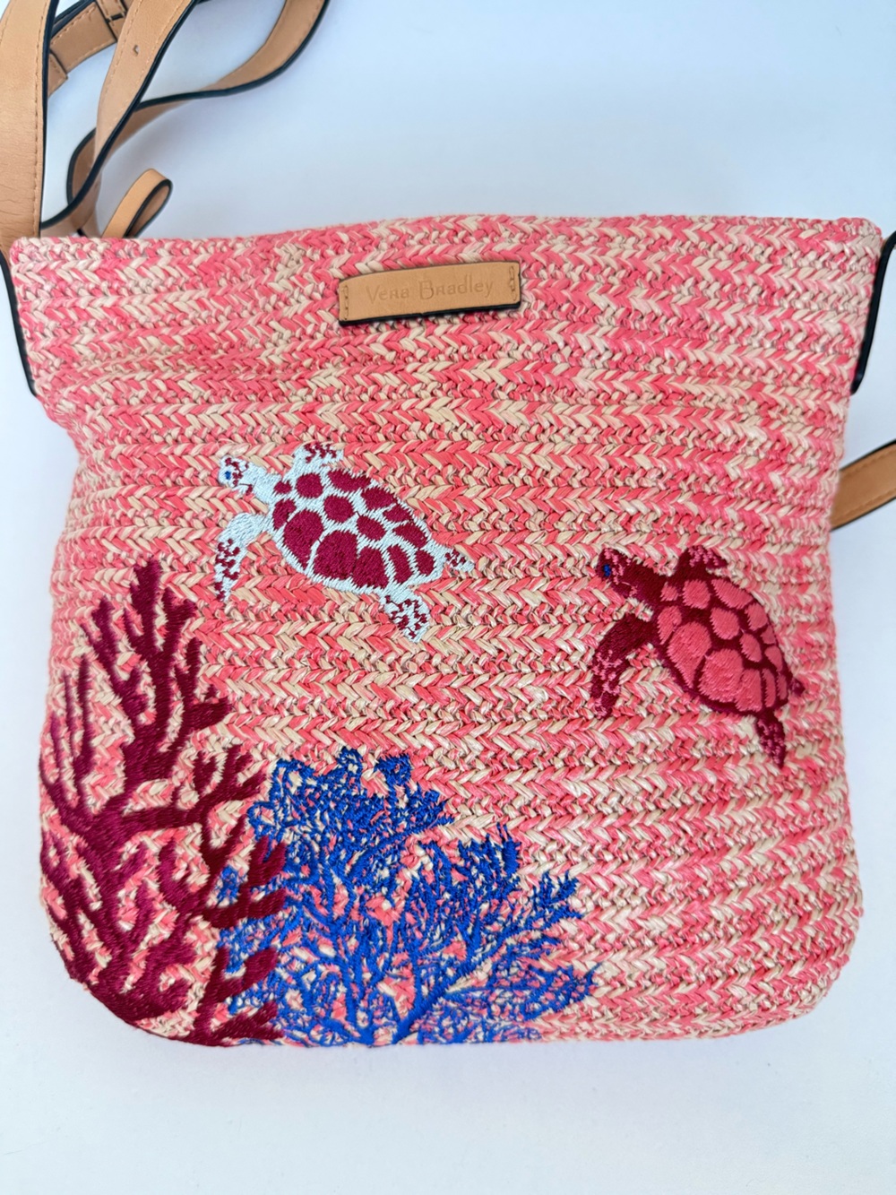 Vera Bradley Classic Straw Crossbody Bag Sea Turtle Scarlet Coral Beach Shells